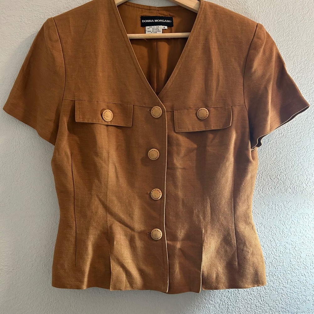 Donna Morgan Vintage Brown Linen Blend Short Sleeve Button Front Blazer Top 8